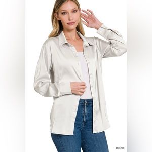 Satin Charmeuse Button Down Shirt in Bone NWT